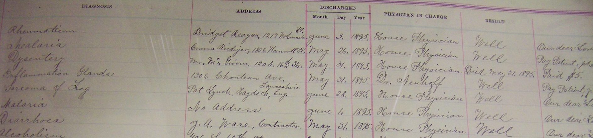 Hospital ledger showing Our Dear Lord patients